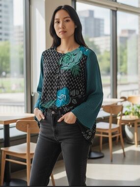 Bob Mackie Black Floral Button-Front Women’s Top in Teal Blue